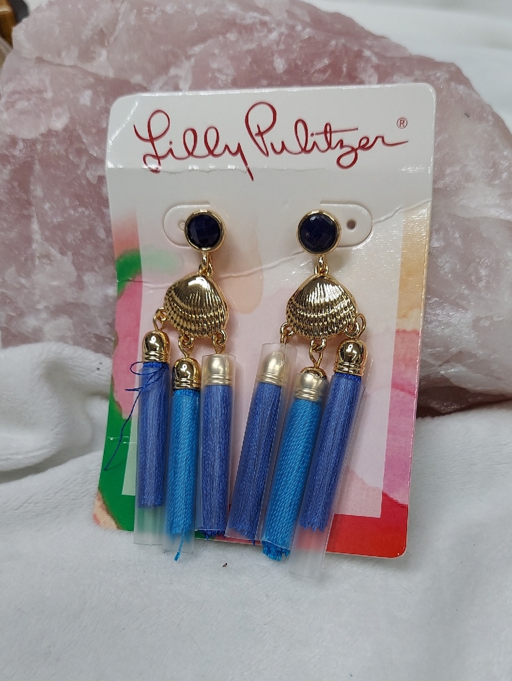 Lilly Pulitzer Blue and Gold Tassel Shell Drop Earrings